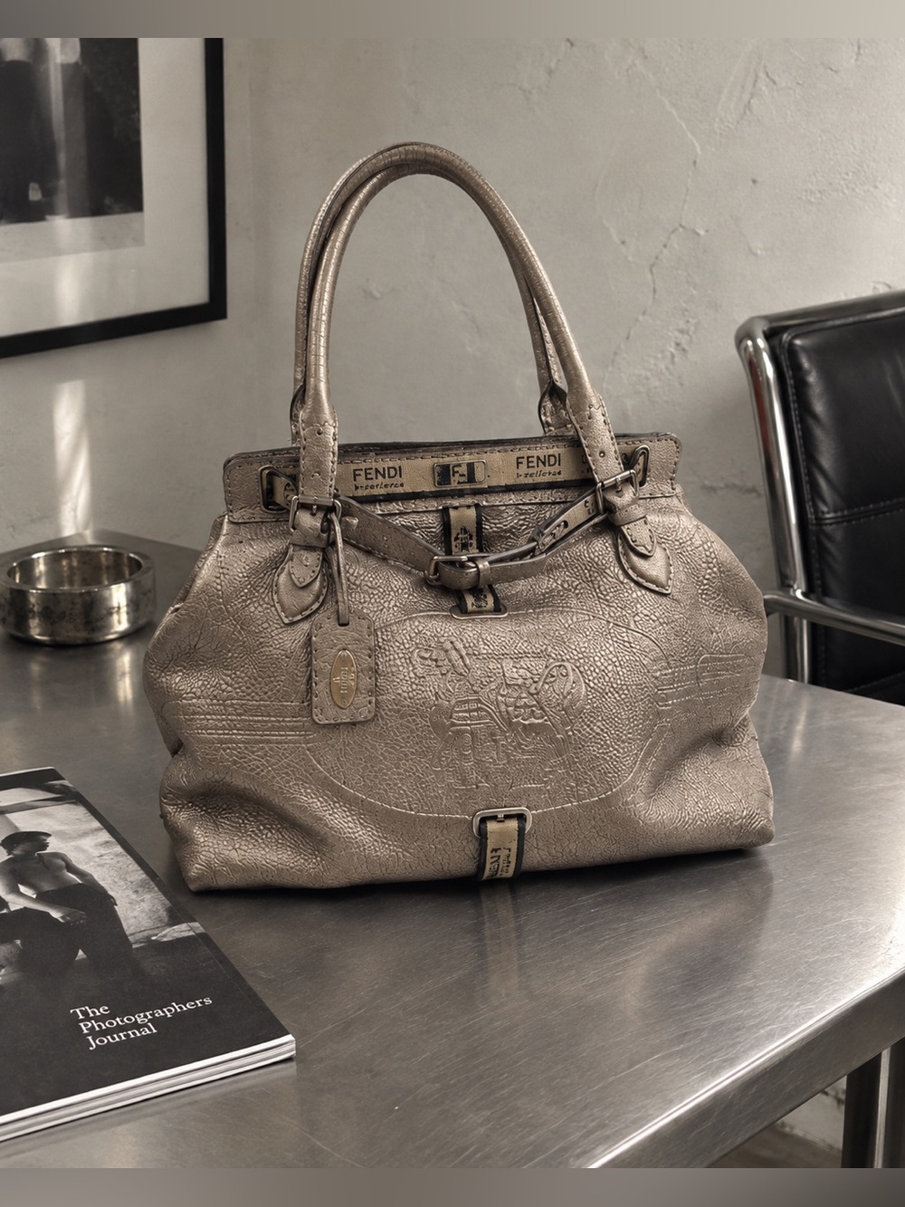 Authentic Fendi Selleria Metallic Champagne Leather Tote